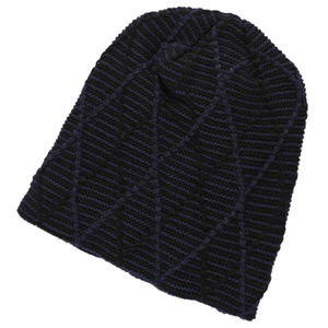 Close-up of winter knit beanie showing dark blue and purple diamond grid texture