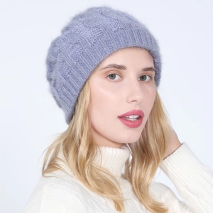 Detailed knit pattern on light purple mohair beret with warm cable stitch and ribbed edge