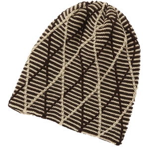 Detail of the diamond pattern knit on a brown and beige thermal winter beanie hat