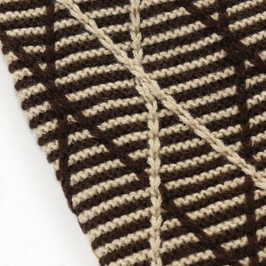 Macro detail of thick geometric knit texture in coffee brown and beige wool blend