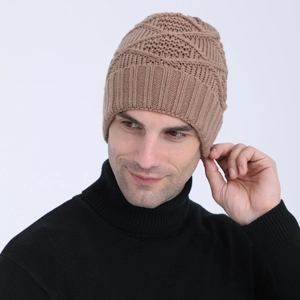 Detail of khaki diamond-pattern knit beanie with ribbed cuff for winter warmth