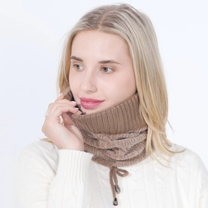 Detail of dark brown ribbed knit neck warmer with adjustable drawstring and toggle