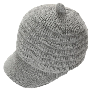 Light gray striped knit newsboy cap with ribbed texture and warm lining for women