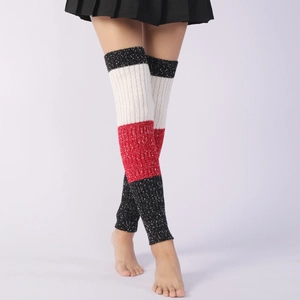 Detailed knit texture of over-knee leg warmers with red, white, and black striped pattern
