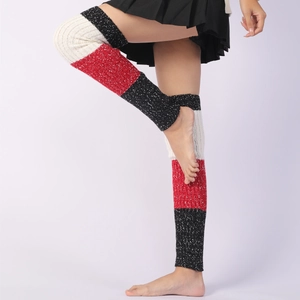 Detailed knit texture of three-color patchwork thigh high leg warmers for yoga