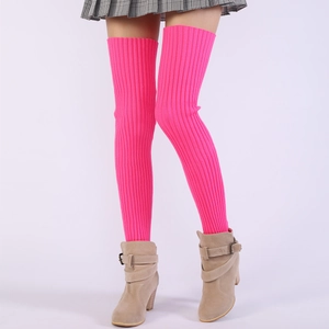 Detail of rose pink ribbed knit over-knee leg warmers with thick elastic texture
