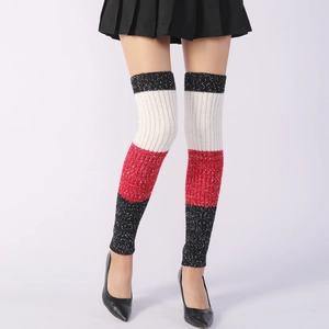 Detailed knit texture of over-the-knee leg warmers with red and white striped patterns