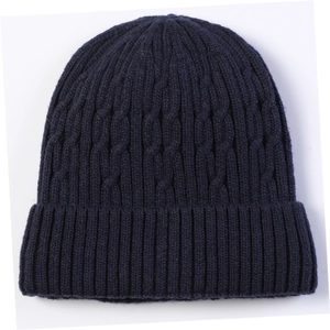 Close-up of navy blue cable knit pattern on thick fleece lined winter beanie hat