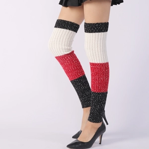 Detailed knit texture of over-the-knee leg warmers with color-block ribbed pattern