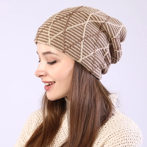 Unisex Winter Slouchy Beanie Knit Hat Warm Fleece Lined Geometric Diamond Grid Pattern Slouchy Cap Acrylic Headwear for Outdoor