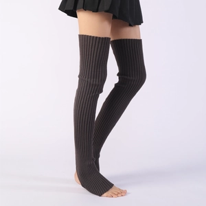Detail of ribbed knit over-knee leg warmers in dark brown for ballet and yoga