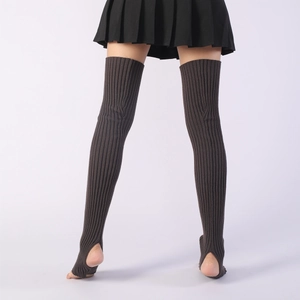 Macro detail of dark grey stirrup knit leg warmers with vertical ribbed texture