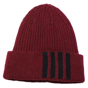 Men's winter rib-knit beanie in deep red featuring iconic four black stripes design