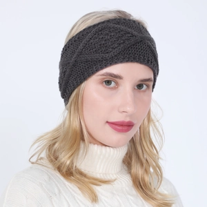 Detail of dark grey knitted wide cross headband for winter warmth and hair styling