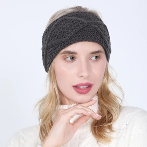 Close-up of dark grey cable knit headband with cross knot design on model