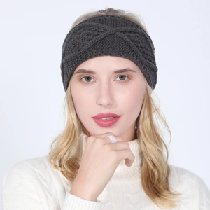 Detail of dark grey cable knit headband featuring a crossover knot for winter warmth