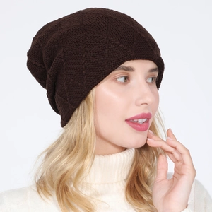 Detail of dark coffee knit beanie showing textured diamond pattern and slouchy fit