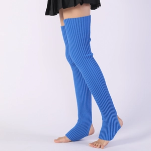 Blue ribbed knit over-knee leg warmers with stirrups for ballet and yoga wear