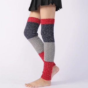 Detailed knit texture of thick red, navy, and grey tricolor over-knee leg warmers