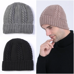 Heren Winter Kabelgebreide Beanie Muts Warm Fleece Gevoerd Wolmix Rijden Oorbescherming Pet Voor Buiten Koud Weer