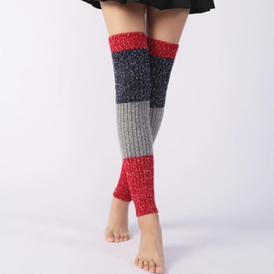 Detail of color-block knit leg warmers showing ribbed cuffs and thick textured fabric