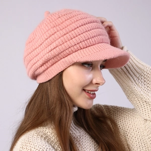 Women Striped Knit Visor Beanie Hat Warm Thick Winter Newsboy Cap Acrylic Faux Rabbit Hair Blend Fashion Knitted Hat