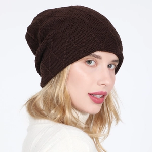 Detail of dark coffee knitted beanie with diamond pattern and soft fleece lining