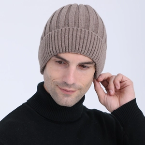 Men Women Winter Ribbed Knit Beanie Hat Thickened Fleece Lined Warm Wool Blend Cuffed Skull Cap For Outdoor Cycling