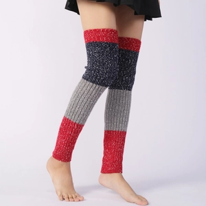 Detail of three-color knit leg warmers with snowflake pattern on over-knee thick stockings