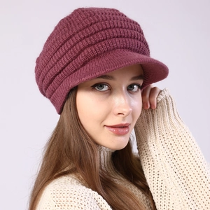 Winter striped knit newsboy cap for women in berry color with fleece lining