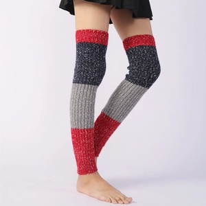 Detail of tricolor ribbed knit leg warmers showing thick winter texture and red-blue-gray pattern