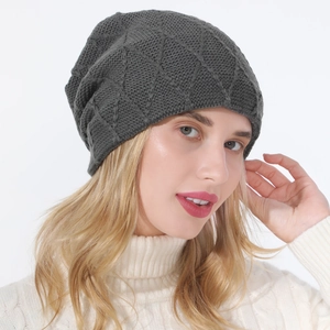 Close-up of charcoal grey knit beanie showing detailed diamond pattern weave texture