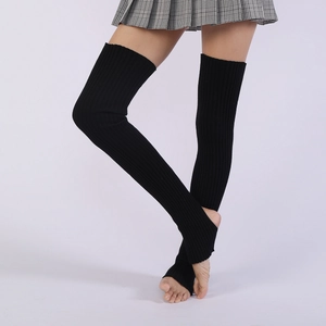 Detailed view of black ribbed knit thigh-high leg warmers with an open-toe design