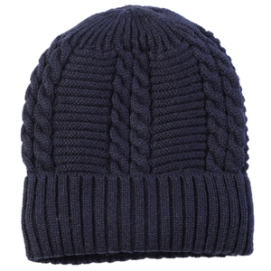 Donkerblauwe kabelgebreide muts voor heren met dikke voering en geribbelde rand voor de winter