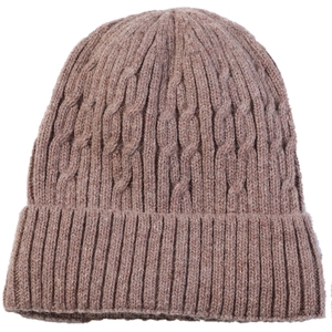 Men's winter cable knit beanie with fleece lining, thick coffee brown wool ear protection hat