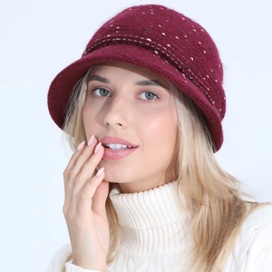Chapeau Bob en Tricot pour Femmes Automne Hiver Mélange de Poils de Lapin Doublé Polaire Chaud Bonnet Mode Pois Colorés Peluche