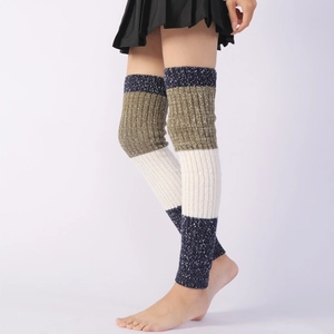 Detailed knit texture of tricolor block thigh high leg warmers in navy, green and beige