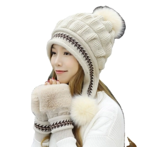 Women's 2-piece winter knitted hat and fur-trimmed gloves set in beige with ear protection