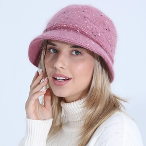 Chapeau cloche en tricot rose pour femme en mélange de poils de lapin doux pour l'hiver