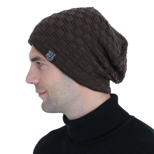 Men's dark brown knit beanie with fleece lining and side logo label for winter