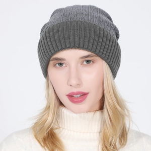 Close-up of grey ribbed knit beanie showing soft wool texture and elastic winter design