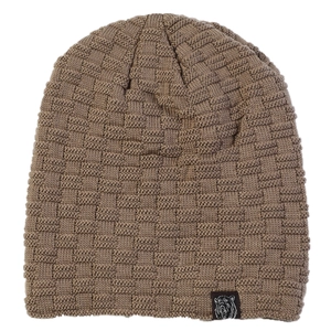 Men's brown knitted beanie with fleece lining and checkered pattern weave for winter
