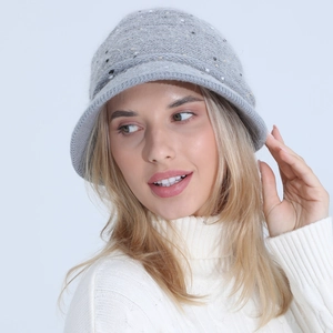 Chapeau cloche tricoté gris pour femme en fourrure de lapin synthétique chaude