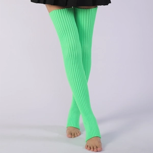 Detailed texture of neon green ribbed knit over-knee leg warmers for yoga and dance
