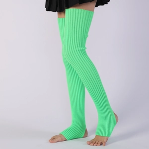 Close-up of neon green ribbed knit over-knee leg warmers with stirrup design
