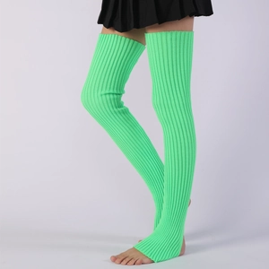 Close-up of fluorescent green ribbed knit over-knee leg warmers with stirrup design