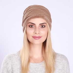 Close-up of khaki knitted beanie featuring thick fleece lining and diamond weave pattern