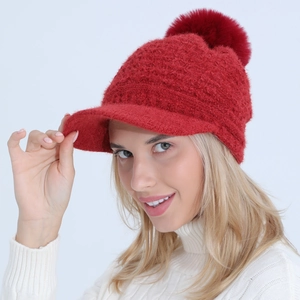 Women Winter Warm Knitted Visor Beanie Hat With Fur Ball Chenille Twist Knit Peaked Cap For Outdoor Daily Wear