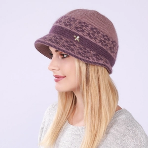 Close-up of winter knit cloche hat in mauve with velvet texture and jewel insect brooch