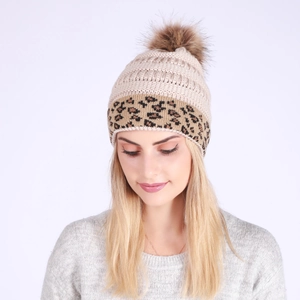 Winter chunky knit beanie with faux fur pom and leopard print cuff detail for women